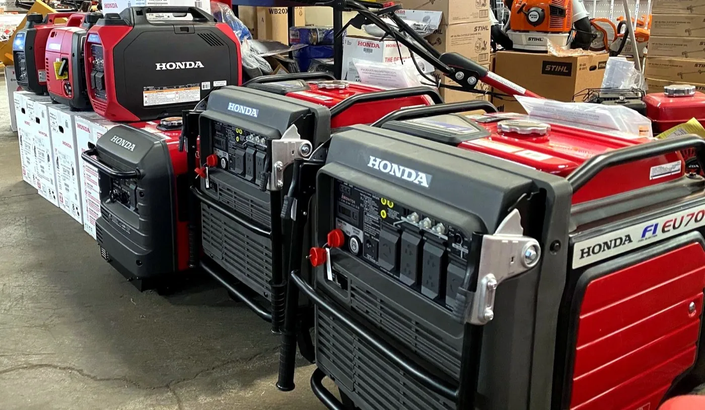 Honda inverter generators lined up in the Maui Power Equipment showroom